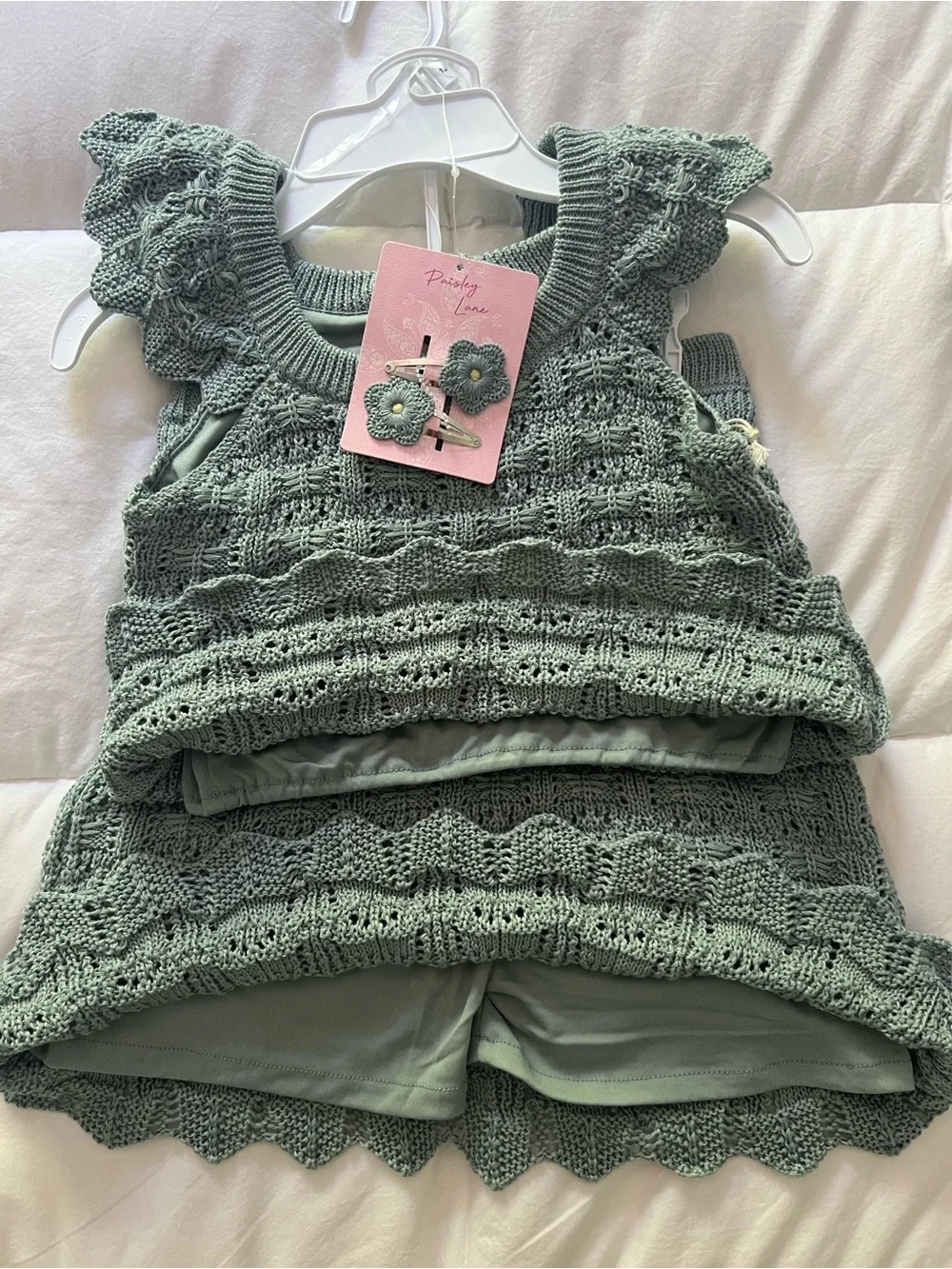 Girls' Knit Lace Overlay Top and Matching Skirt in Sage Green